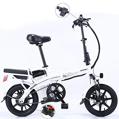 Electric Bike : Folding Electric Bicycle 14 Inch Adult Double Disc Brakes City Commuter Bike 250W 48V Removable Lithium Battery E-Bike with Top Speed 25km / h, White, 16A