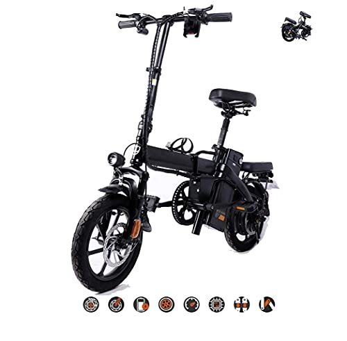 Electric Bike : Folding electric bicycle bicycle Mini lithium battery electric mobility 250w brushless motor 14inch removable battery 48V carbon steel material(Color:black, Size:48V10AH)