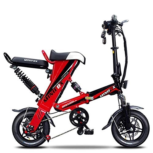 Electric Bike : Folding electric bicycle High carbon steel frame portable adult electric bicycle 36V lithium battery 250w brushless motor Remote anti-theft lock, cruising range 50Km (Color : Red)