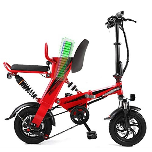Electric Bike : Folding Electric Bike, 12'' City Bike 48V 25Ah Lithium-Ion Battery and 350W Motor with Intelligent anti-Theft Front & Rear Disc Brake, Red