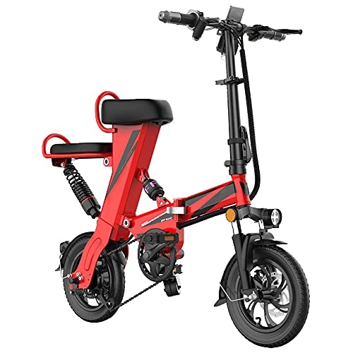 Electric Bike : Folding Electric Bike 12" Commuter E-Bike 350W Brushless Motor Removable 48V 15Ah Lithium Battery Dual Seat Mini Electric Bicycle Disc Brake Pedal Assist Triple Shock Absorber, Red