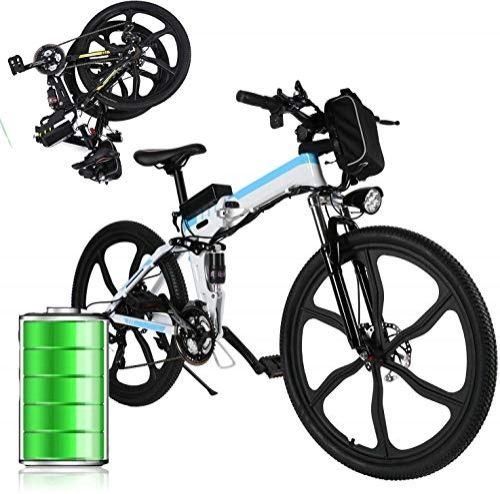 Electric Bike : Folding Electric Bike, 26”Electric Mountain Bike for adults Electric Bicycle with Removable 36V 8Ah 250W Lithium-Ion Battery 21-Speed Ebike with Three Working Modes (White-blue)