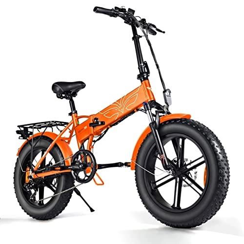 Electric Bike : Folding Electric Bike 750W Electric Bikes for Adults 20 Inch Fat Tire Electric Snow Bicycle 48V 12.8Ah Lithium Battery Foldable E Bike 25 mph (Color : Orange)