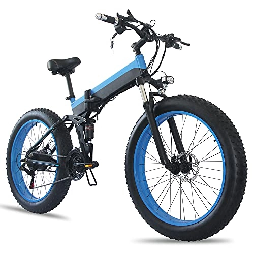 Electric Bike : Folding Electric Bike for Adults 26" 4.0 Fat Tire Electric Mountain Bike 45km / h 500W Brushless Motor 21-Speed Removable Lithium Battery Snow E-Bike Dual Shock Asorber, Blue