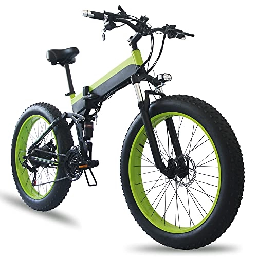 Electric Bike : Folding Electric Bike for Adults 26" 4.0 Fat Tire Electric Mountain Bike 45km / h 500W Brushless Motor 21-Speed Removable Lithium Battery Snow E-Bike Dual Shock Asorber, Green