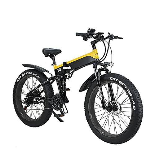 Electric Bike : Folding Electric Bike for Adults, 26'' Electric Commuter Bicycle with 10AH Lithium-Ion Battery, 48V 500W Motor and Smart Adjustable Speed (Yellow)