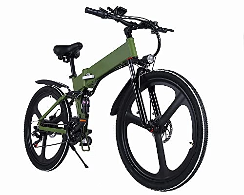 Electric Bike : Folding Electric Bike for Adults 350W Mountain Bicycle 26 inch City E-Bike 15.5mph and 50 miles Range, Professional 21 Speed Shifter, Widened Off-Road Tires, Dual Suspension, LCD Display (Green)