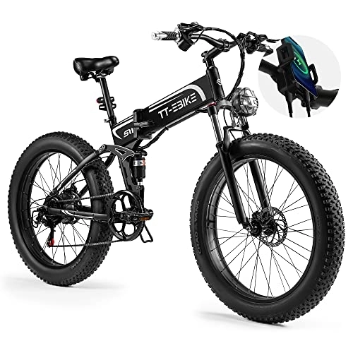 Electric Bike : Folding Electric Bikes Adults Phone Holder with USB Charging 48V 15AH Removable Battery 26 Inch 4.0 Fat Tire Snow Mountain Beach Ebike with 7-Speed Gear