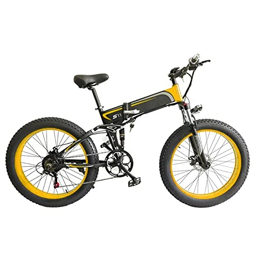 Electric Bike : Folding Electric Bikes for Adults, 26" * 4.0 Inch Fat Tire Mountain Dirt E-bike 48V 10AH 500W / 1000W Moped Beach Snow Removable Lithium-Ion Battery Bicycle 7 Speed for Men Women (Black Yellow, 500W)