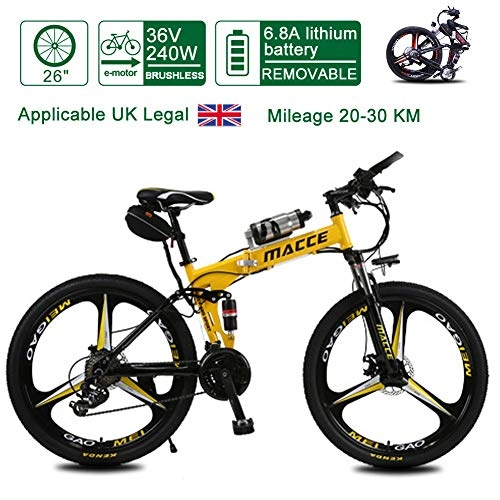 Electric Bike : Folding Electric Bikes for Adults, 26Inch Electric Mountain Bike with Removable Large Capacity 8-20Ah Lithium-Ion Battery City E-Bike, 23Kg Lightweight Bicycle for Teens Men Women, Yellow, 36V6.8A35KM