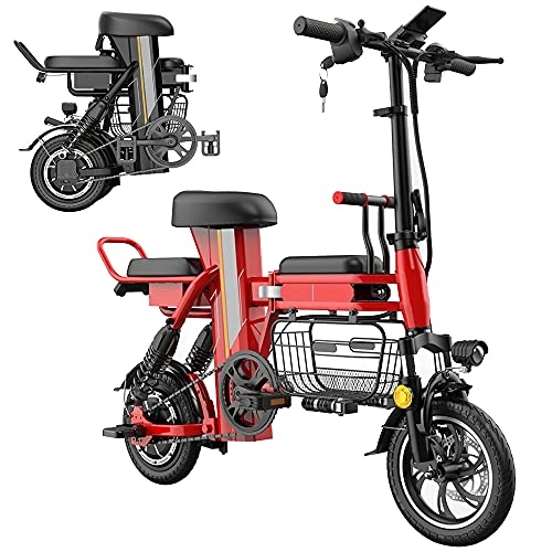 Electric Bike : Folding Electric Bikes for Adults Commuting E-Bike 48V 350W Motor 25-160km Range Removable Lithium Battery Pedal Assist Dual Shock Absorber Three Seat Large Capacity Basket, Red, 100km
