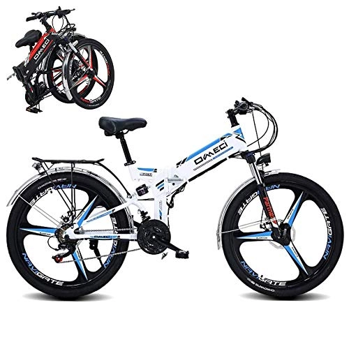 Electric Bike : Folding Electric Mountain Bike, 24 Inch E-Bike, 21 Speed Electric Bicycle with Rear Seat And Dual Disc Brake, 10Ah Lithium-Ion-Battery, for Men And Women, White