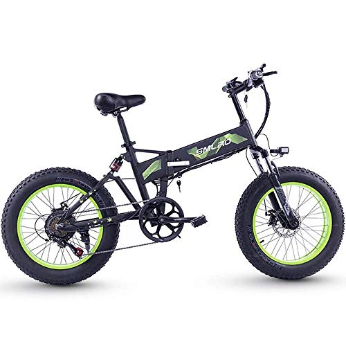 Electric Bike : Folding Electric Snowmobile Mountain Bike Big Wheel Fat Off-Road Soft Tail Front And Rear Shock Absorbers Mountain Bike 20 * 4.0"Inch Fat Tire Bikes 7 Speeds Ebikes for Adults, Green