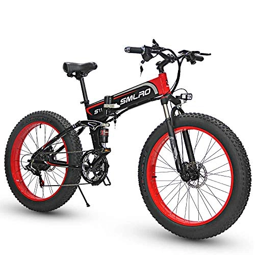 Electric Bike : Full Suspension Frame 26Inch Electric Mountain Bike (4Inch Fat Tire) Removable Large Capacity Lithium-Ion Battery (48V 10AH), 7 Speed Gear Three Working Modes, Black red, 1000W