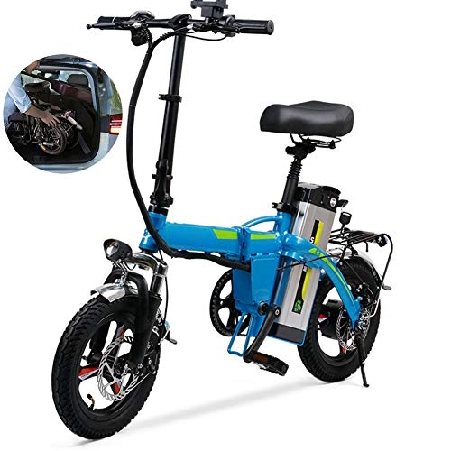 Electric Bike : Fxwj Folding Electric Bikes for Adults 3.0AH 400W 14 Inch 48V Lightweight E-Bikes with LED Headlights for Men Teenagers Fitness City Commuting, Blue
