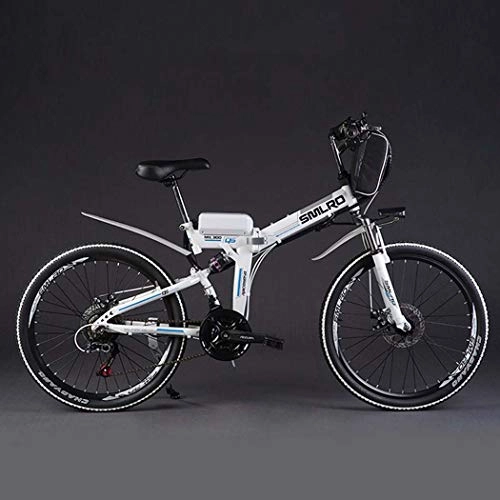 Electric Bike : G.Z Electric bicycle, 26-inch 24-pocket lithium battery foldable mountain bike, soft tail and full suspension 48V 350W rear high-speed motor, 5-speed power adjustment LCD control instrument, White