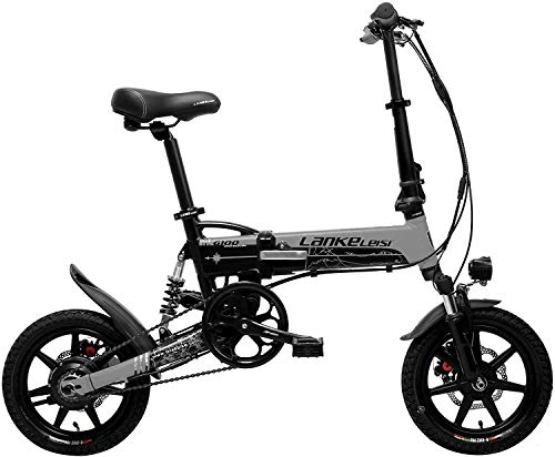 Electric Bike : G100 14 Inch Folding Electric Bicycle, 400W Motor, Full Suspension, Double Disc Brake, with LCD Display, 5 Level Pedal Assist (Color : Black Grey, Size : 8.7Ah+1 Spare Battery)