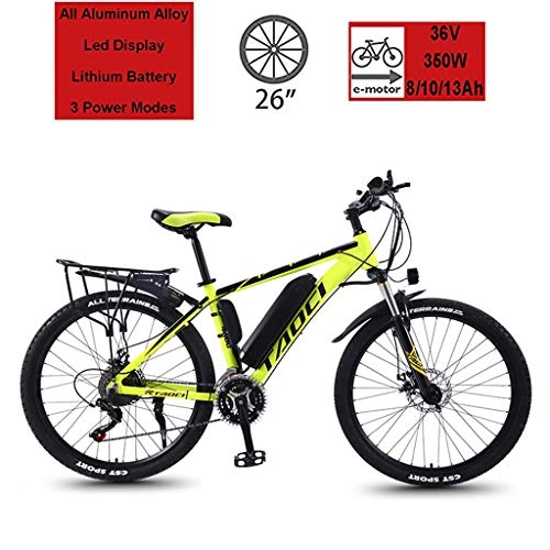 Electric Bike : GASLIKE Electric Bike, Bicycle for Mountain / Urban, 26 Spoked Wheels, Front Suspension, Professional 21 Speed Transmission Gears with 350W Motor And Removable Battery, Yellow, 13Ah 90Km