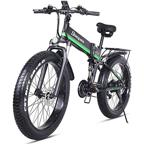 Electric Bike : GJNWRQCY 1000W Electric Bicycle, Folding Mountain Bike, Fat Tire Ebike, 26 Inch Folding Electric Moped, 48V 12.8AH, Black green