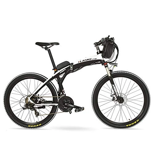 Electric Bike : GP 26'' 400W E-bike Quick-Folding Mountain Bicycle, 48V Battery Electric Bike, Suspension Fork, Front & Rear Disc Brake (Black White, 12Ah)