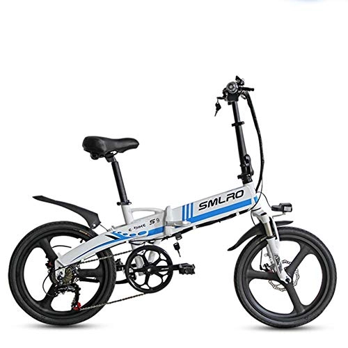 Electric Bike : Gpzj Folding Electric Bike 20", Detachable Lithium Battery with 5-Speed Power Adjustment Instrument, LED Headlights + Speakers, Blue