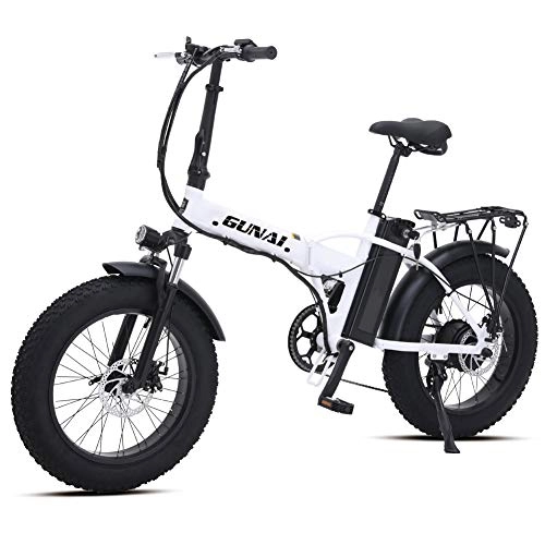 Electric Bike : GUNAI 20 inch Electric Snow Bike 500W Folding Mountain Bike with 48V 15AH Lithium Battery and Disc Brake (White)