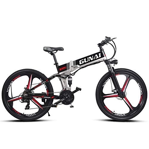 Electric Bike : GUNAI 26 inch Electric Mountain Bike with Rear Seat with 3 Spokes Integrated Wheel Premium Full Suspension and 21 Speed Gear