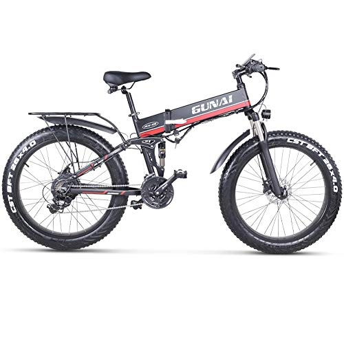 Electric Bike : GUNAI 26 Inches Electric Snow Bike 1000W 48V Folding Fat Tire Mountain Bike with Rear Seat MTB 21 Speed E-bike Pedal Assist Hydraulic Disc Brake