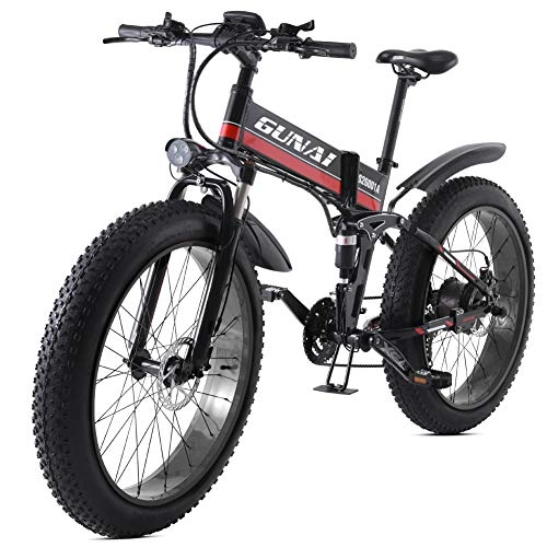 Electric Bike : GUNAI Electric Bike 26 Inches Folding Fat Tire Snow Bike 21 Speed Mountain E-bike with Rear SeatRed