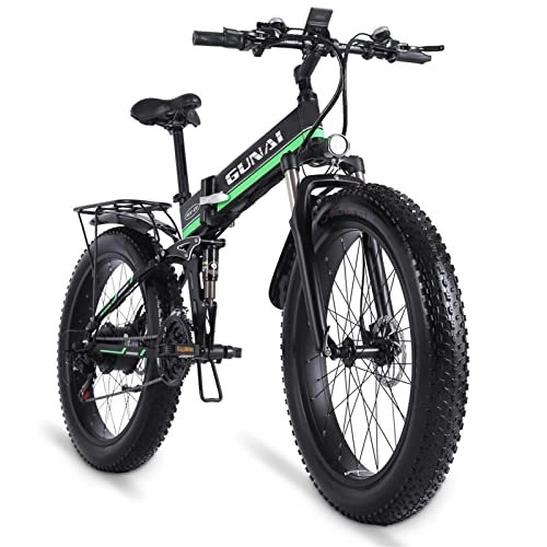 Electric Bike : GUNAI Electric Bike Folding Fat Tire 26-inch Snow Bike 21-speed Mountain Electric Bike Rear Seat (Green