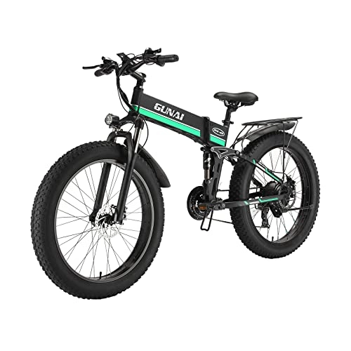 Electric Bike : GUNAI Electric Bike Folding Fat Tire 26-inch Snow Bike 21-speed Mountain Electric Bike Rear Seat(Green)