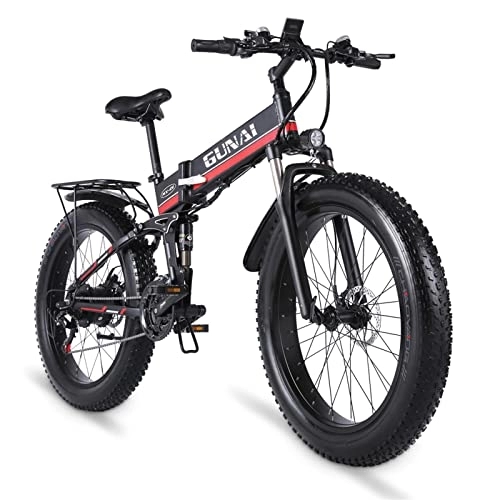 Electric Bike : GUNAI Electric Bike Folding Fat Tire 26-inch Snow Bike 7-speed Mountain Electric Bike Rear Seat (Red)