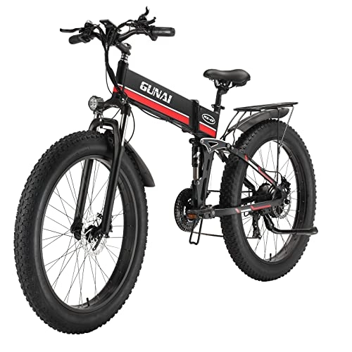 Electric Bike : GUNAI Electric Bike Folding Fat Tire 26-inch Snow Bike 7-speed Mountain Electric Bike Rear Seat(Red)
