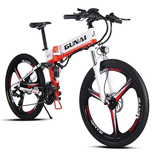 Electric Bike : GUNAI Electric Mountain Bike 26" 350W Brushless Electric Folding Electric Bike with 48V 10.4AH Removable Lithium Ion Battery, with Rear Hanger and Pump(White)