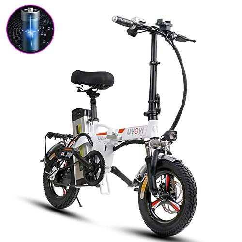 Electric Bike : GUOJIN Folding Electric Bike Smart Mountain Bike for Adults, Front And Rear Double Disc Brake, Power Assist, Ebike with 14 Inch Wheels And 400W Motor, White