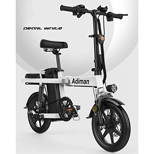 Electric Bike : GYL Foldable Electric Bicycle 14 Inch Lithium Battery Assisted Commuter Bike for Men and Women Ebike with 350W Motor and Front and Rear Double Suspension System, White, indurance 80km