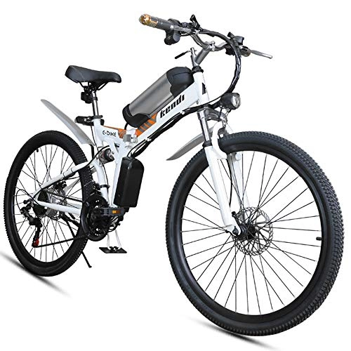 Electric Bike : H＆J Folding electric bicycle, 26-inch portable electric mountain bike high carbon steel frame double disc brake with front LED light hybrid bicycle 36V / 8AH
