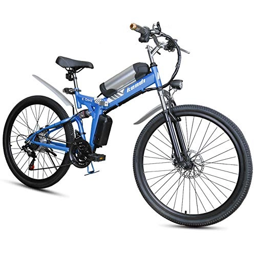Electric Bike : H＆J Folding electric bicycle, portable electric mountain bike 26 inch high carbon steel frame double disc brake with front LED light hybrid bicycle 36V / 8AH, Blue