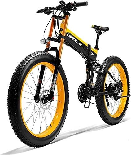 Electric Bike : Haowahah Lankeleisi 750plus Electric Bicycle Full-featured Electric Bicycle Folding Electric Bicycle 26" 4.0 Fat Tire 48V 14.5Ah 1000W Upgrade Fork (Yellow, A battery)