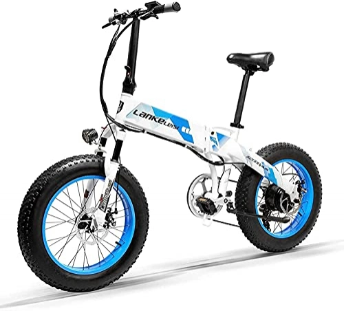 Electric Bike : Haowahah LANKELEISI Adult Electric Bicycle, 48V 12.8AH 500W / 1000W X2000 All-round Electric Bicycle, 20" 4.0 Fat Tire 7-speed Mountain Folding Electric Bicycle (Blue, 1000W)