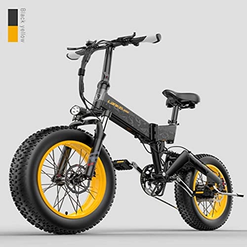 Electric Bike : Haowahah LANKELEISI Electric Bike X3000 1000w 48v 14Ah 20 * 4.0 Fat Tire Mountain E-Bike Folding Snow Bicying Adult Electric Bike (Yellow, A battery)