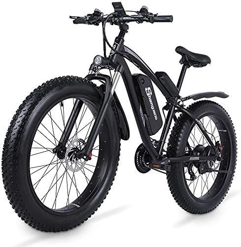 Electric Bike : Haowahah MX02S Electric Bike 48V 1000W Motor Snow Electric Bicycle with Shimano 21 Speed Mountain Fat Tire Pedal Assist Lithium Battery Hydraulic Disc Brake (Black, One battery)