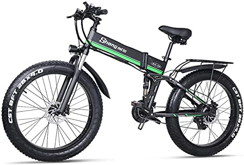 Electric Bike : Haowahah Shengmilo Electric Bike MX01 Folding E-bike, 4” Fat Tire Mountain, Shimano 21-Speed, Max Speed 25 Mph, 3 Riding Modes, Pedal Assist, With 48V / 12.8Ah Removable Lithium Battery (Green, A battery)