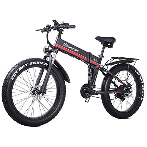 Electric Bike : HAOYF 1000W Fat Tire Folding Electric Bikes for Adults, Front Suspension, Dual Disc Brakes, 48V Beach Snow Commute Electric Bicycle Lithium Battery, Shimano 21-Speed, Red