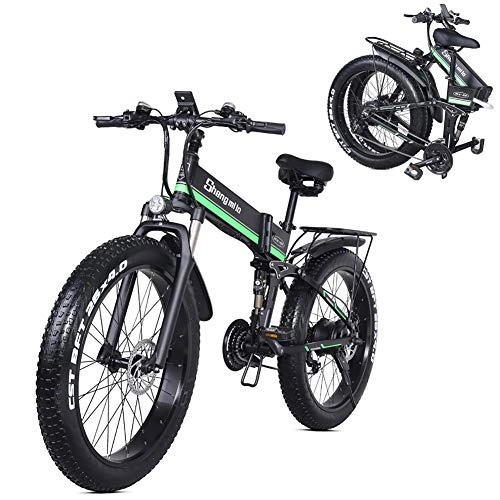 Electric Bike : HAOYF Electric Mountain Bike with 26 * 4.0 Fat Tire & 12.8AH Lithium-Ion Battery 1000W Electric Bicycle for Adult, Premium Full Suspension & 21 Speed Gear, Green