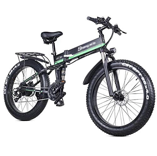 Electric Bike : HARTI Electric Bike, 1000W 48V Folding Mountain Bike with 26 * 4.0 Fat Tire, 21 Speed Lightweight E-Bike with Pedal Assist Hydraulic Disc Brake, Green