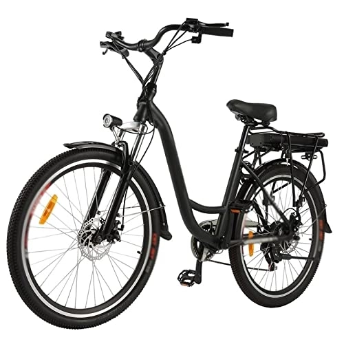 Electric Bike : HESNDddzxc Electric Bicycle Electric Bicycle Aluminum Frame Disc Brake with Headlamp Lithium Ion Battery (Color : Black)
