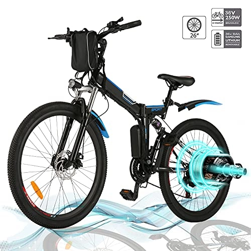 Electric Bike : Hesyovy 26'' Folding Electric Mountain Bike Removable Large Capacity Lithium-Ion Battery (36V 250W), Electric Bike 21 Speed Gear and Three Working Modes (Black-Foldable)