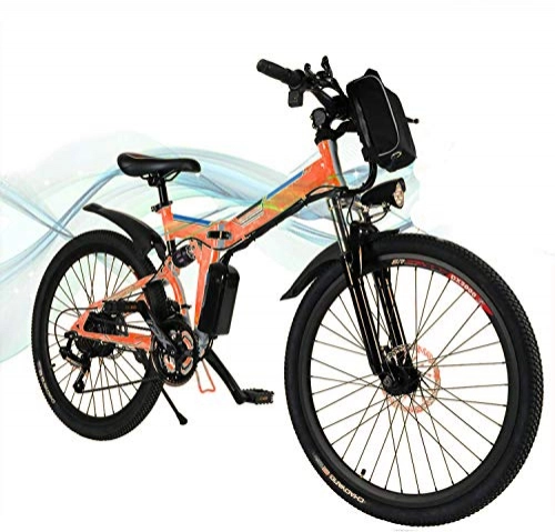 Electric Bike : Hesyovy 26'' Folding Electric Mountain Bike Removable Large Capacity Lithium-Ion Battery (36V 250W), Electric Bike 21 Speed Gear and Three Working Modes (Orange)