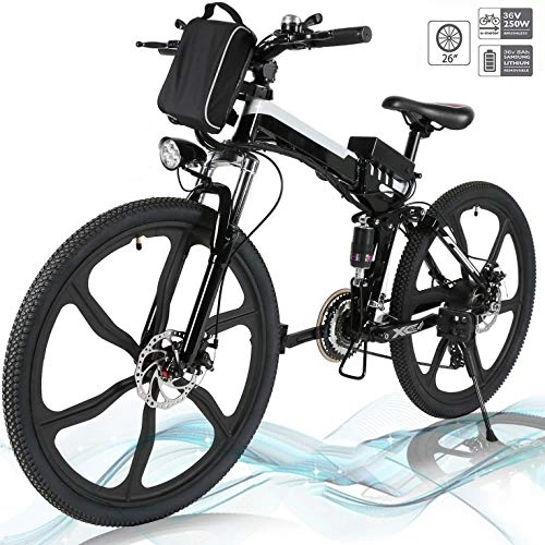 Electric Bike : Hesyovy 26'' Folding Electric Mountain Bike Removable Large Capacity Lithium-Ion Battery (36V 250W), Electric Bike 21 Speed Gear and Three Working Modes (Upgrade-Black)